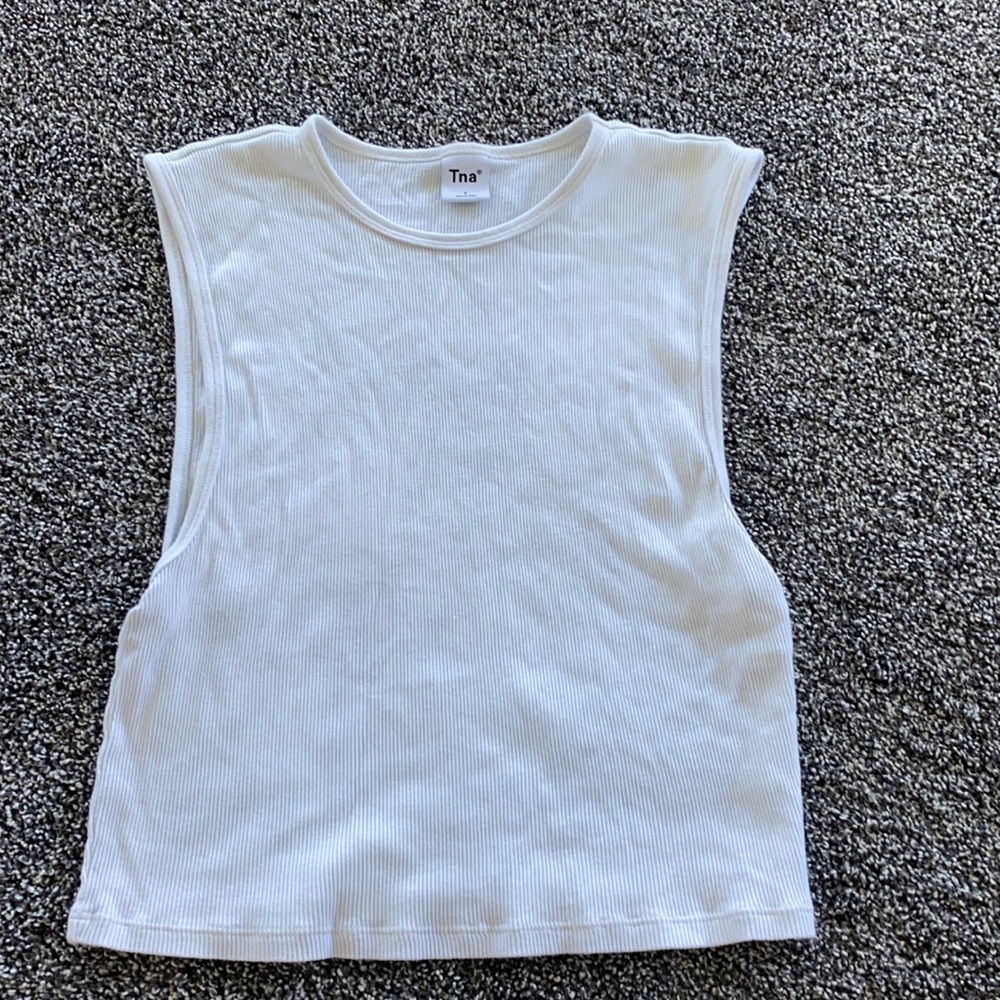 White muscle tee. Ribbed material, can be worn dressy or casual